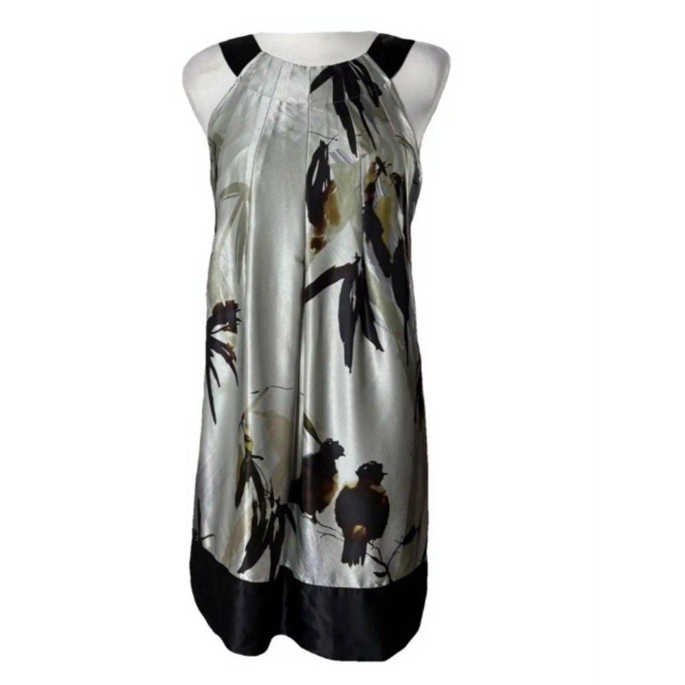 Ted Baker Shift Dress Green Print Silk Sleeveless Side Zip Back Black Bow SZ 4